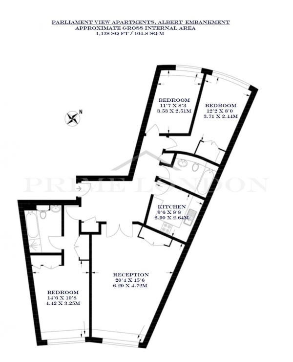 Floor Plan Image for 3 Bedroom Apartment for Sale in Parliament View Apartments, 1 Albert Embankment, London