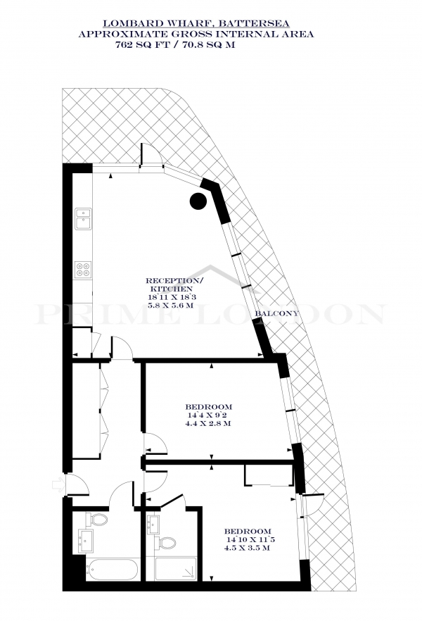 Floor Plan for 2 Bedroom Apartment to Rent in Lombard Wharf, Battersea, London, 12 Lombard Road, SW11, 3GN - £692  pw | £2999 pcm