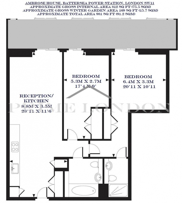 Floor Plan Image for 2 Bedroom Apartment to Rent in Ambrose House, Battersea Power Station, London