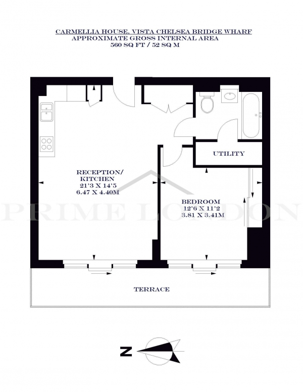 Floor Plan Image for 1 Bedroom Apartment to Rent in Carmellia House, Vista Chelsea Bridge Wharf, London