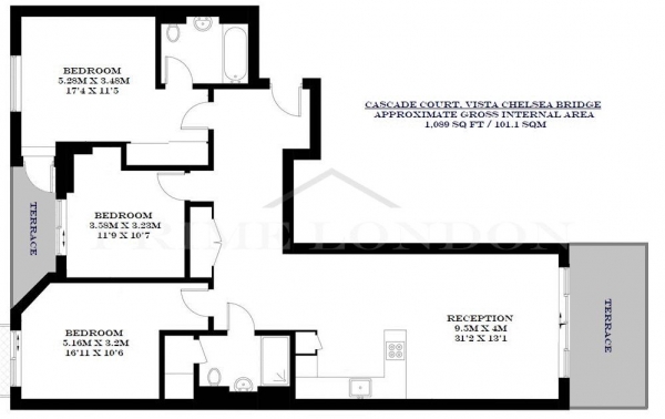 Floor Plan Image for 3 Bedroom Apartment to Rent in Cascade Court , Vista Chelsea Bridge Wharf, London