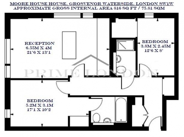 Floor Plan Image for 2 Bedroom Apartment to Rent in Moore House, Grosvenor Waterside, London