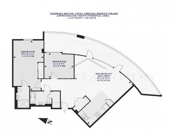 Floor Plan Image for 2 Bedroom Apartment to Rent in Sophora House, Vista Chelsea Bridge Wharf, London