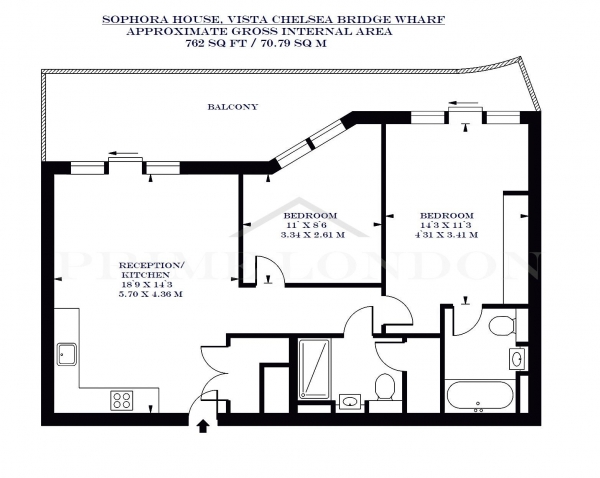 Floor Plan Image for 2 Bedroom Apartment to Rent in Sophora House, Vista Chelsea Bridge Wharf, London