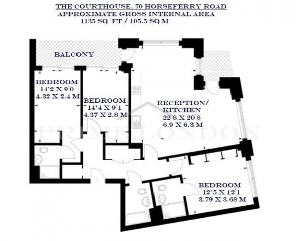 Floor Plan Image for 3 Bedroom Apartment for Sale in The Courthouse, Westminster, London