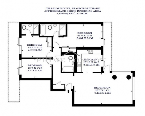 Floor Plan Image for 3 Bedroom Apartment for Sale in Jellicoe House, St George Wharf, London