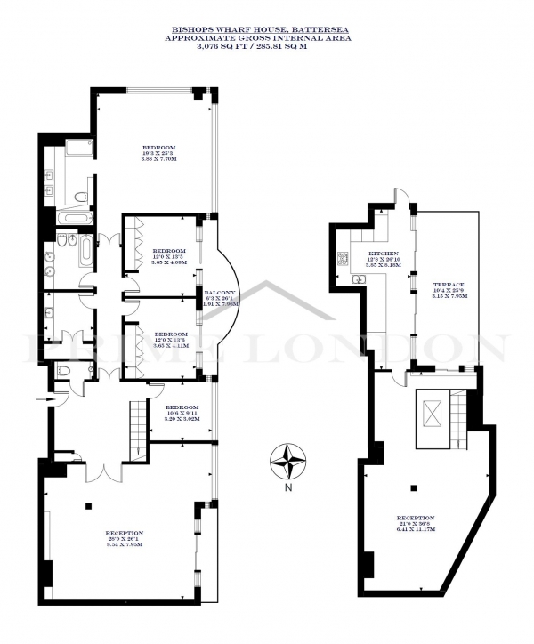 Floor Plan Image for 4 Bedroom Penthouse to Rent in Bishops Wharf House, Battersea, London