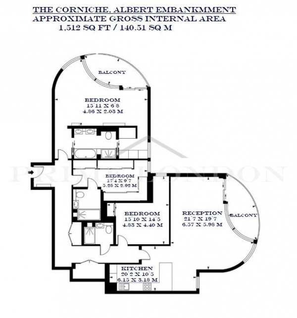 Floor Plan Image for 3 Bedroom Apartment to Rent in The Corniche, Albert Embankmment, Westminster