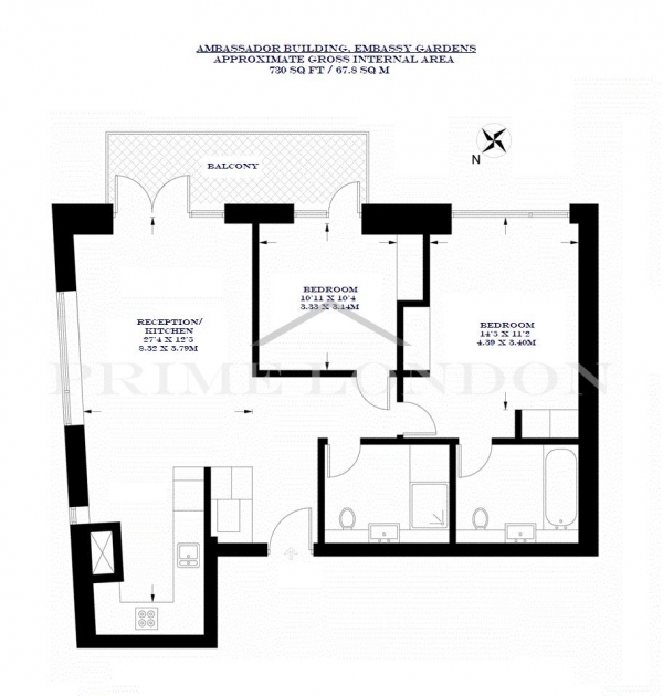 Floor Plan Image for 2 Bedroom Apartment for Sale in Ambassador Building, Embassy Gardens, Nine Elms