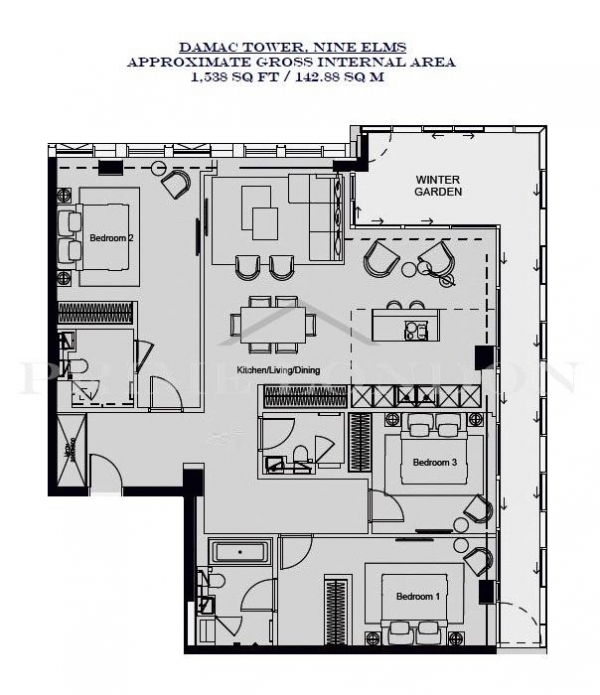 Floor Plan Image for 3 Bedroom Apartment for Sale in Damac Tower, Nine Elms, London