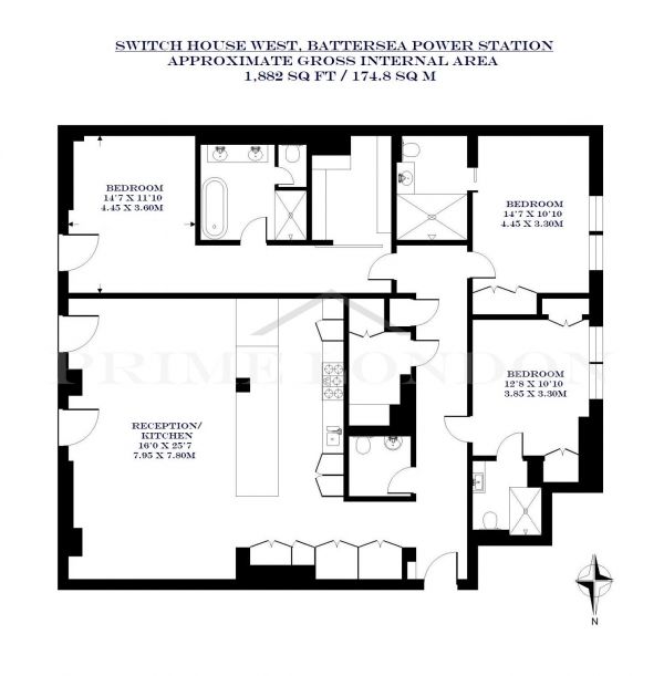 Floor Plan Image for 3 Bedroom Apartment to Rent in Switch House West, Battersea Power Station, London