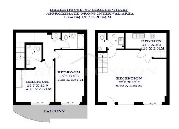 Floor Plan Image for 2 Bedroom Apartment to Rent in Drake House, Vauxhall, London