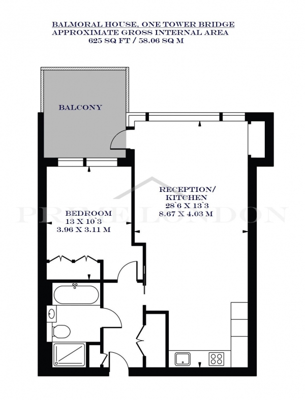 Floor Plan Image for 1 Bedroom Apartment to Rent in Balmoral House, One Tower Bridge, London