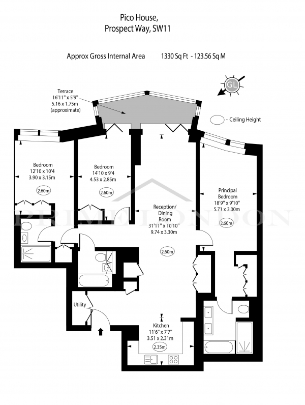 Floor Plan Image for 3 Bedroom Apartment to Rent in Pico House, Battersea Power Station, London