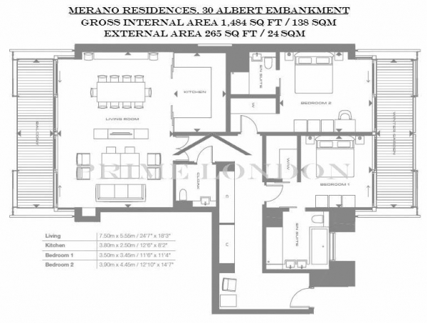 Floor Plan Image for 2 Bedroom Apartment for Sale in Merano Residences, 30 Albert Embankment, London