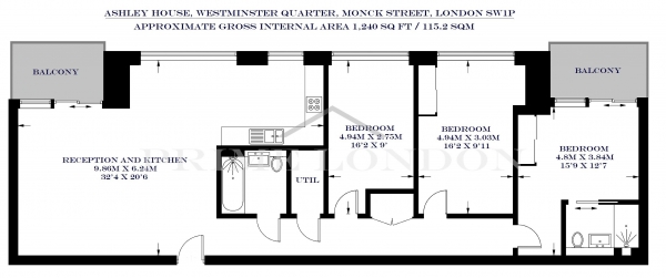 Floor Plan Image for 3 Bedroom Apartment to Rent in Ashley House, Westminster Quarter, London