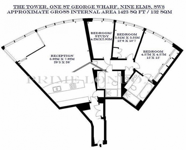 Floor Plan Image for 3 Bedroom Apartment to Rent in The Tower, One St George Wharf, London