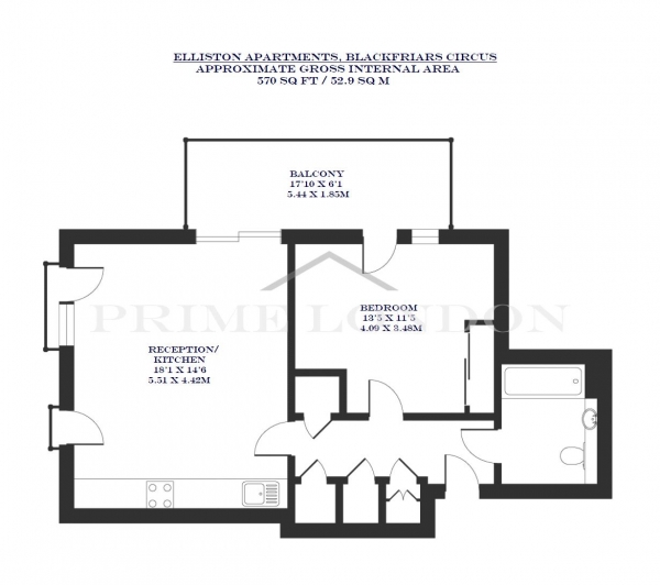 Floor Plan Image for 1 Bedroom Apartment to Rent in Elliston apartments, Blackfriars Circus, London