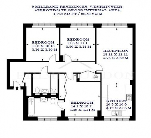 Floor Plan Image for 3 Bedroom Apartment to Rent in Millbank Residences, 9 Millbank, London