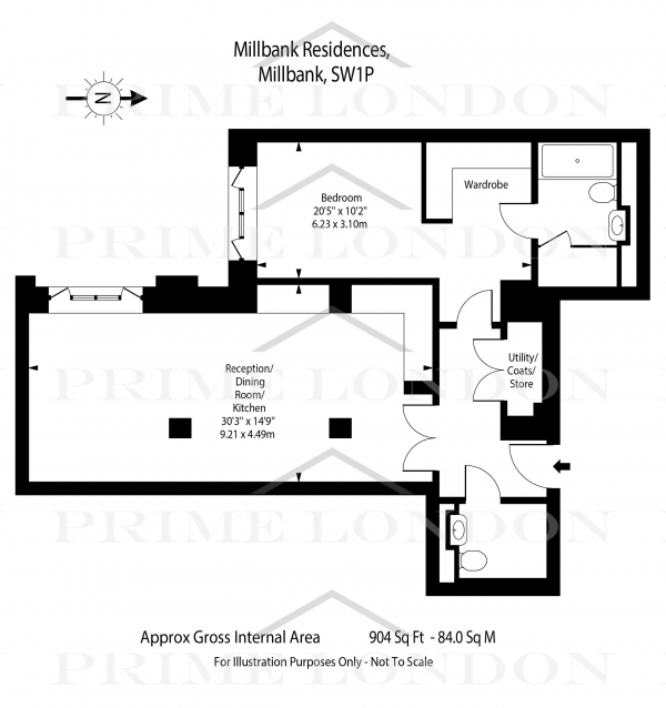 Floor Plan Image for 1 Bedroom Apartment to Rent in Millbank Residences, 9 Millbank, Westminster