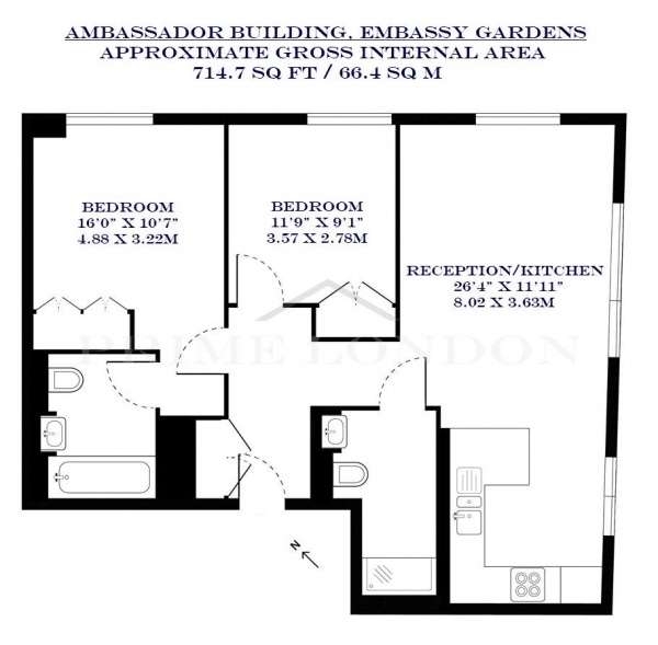 Floor Plan Image for 2 Bedroom Apartment for Sale in Ambassador Building, Embassy Gardens, Nine Elms