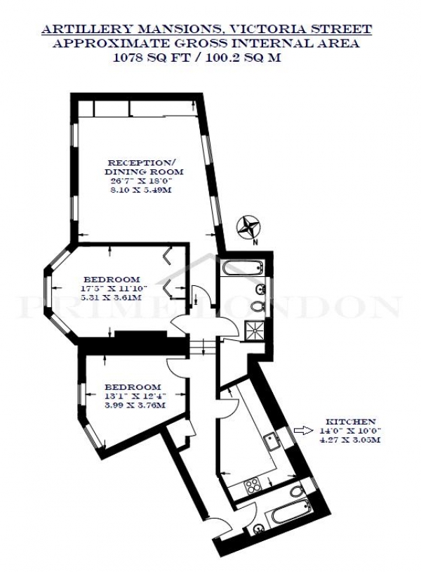 Floor Plan Image for 2 Bedroom Apartment to Rent in Artillery Mansions, Victoria, London