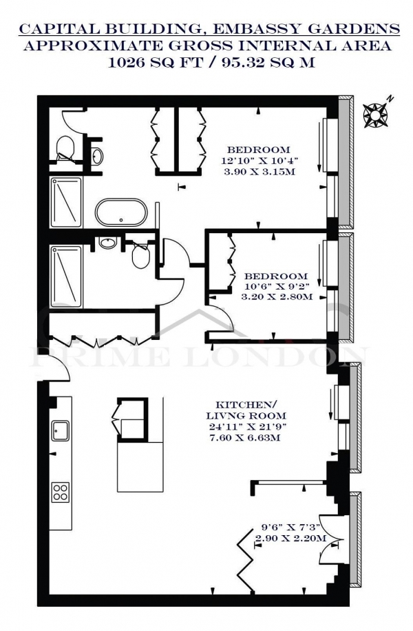 Floor Plan Image for 2 Bedroom Apartment to Rent in Capital Building, Embassy Gardens, Nine Elms