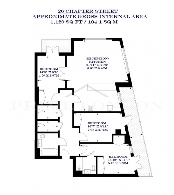 Floor Plan Image for 3 Bedroom Apartment to Rent in 26 Chapter Street, Victoria, London