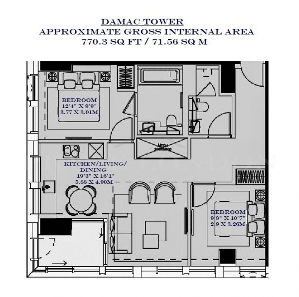 Floor Plan Image for 2 Bedroom Apartment to Rent in Damac Tower, Nine Elms, London