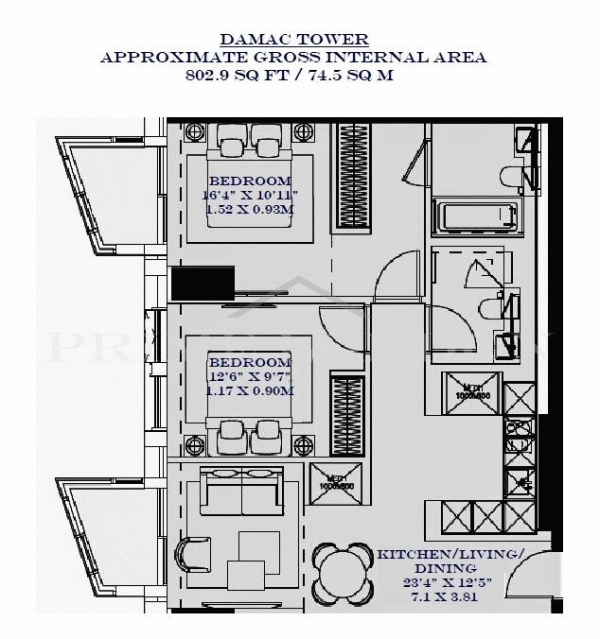 Floor Plan Image for 2 Bedroom Apartment to Rent in Damac Tower, Nine Elms, London