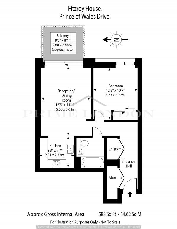 Floor Plan Image for 1 Bedroom Apartment to Rent in Fitzroy House, Prince of Wales Drive, London