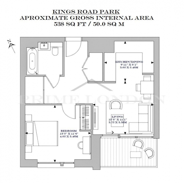 Floor Plan Image for 1 Bedroom Apartment to Rent in Saxon House, Kings Road Park, Fulham