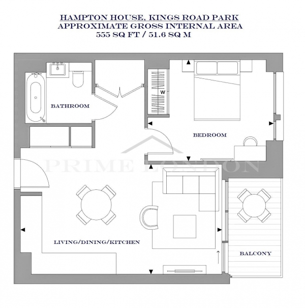 Floor Plan Image for 1 Bedroom Apartment to Rent in Hampton House, Kings Road Park, Fulham