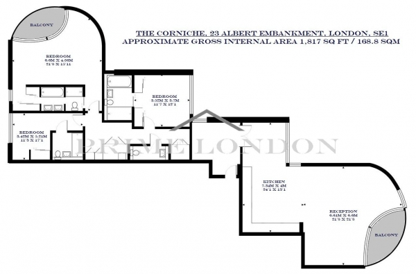 Floor Plan Image for 3 Bedroom Apartment to Rent in The Corniche, 23 Albert Embankment, London