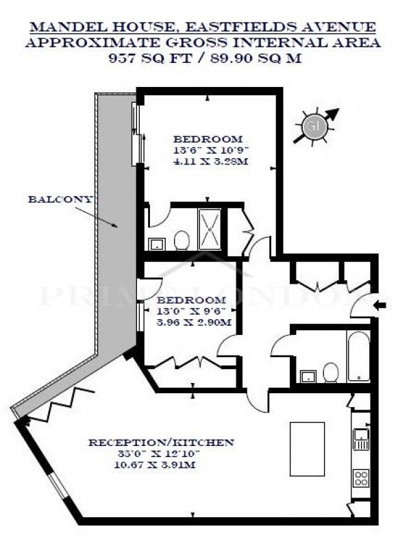 Floor Plan for 2 Bedroom Apartment for Sale in Eastfields Avenue, Wandsworth, London, Eastfields Avenue, SW18, 1JU -  &pound875,000