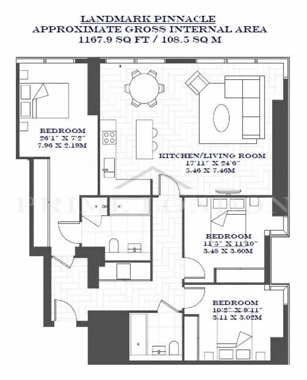 Floor Plan Image for 3 Bedroom Apartment for Sale in Landmark Pinnacle, Canary Wharf, London