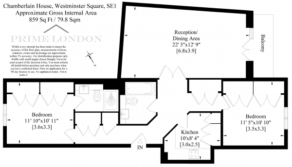 Floor Plan Image for 2 Bedroom Apartment for Sale in Chamberlain House, 126 Westminster Bridge Road, Waterloo