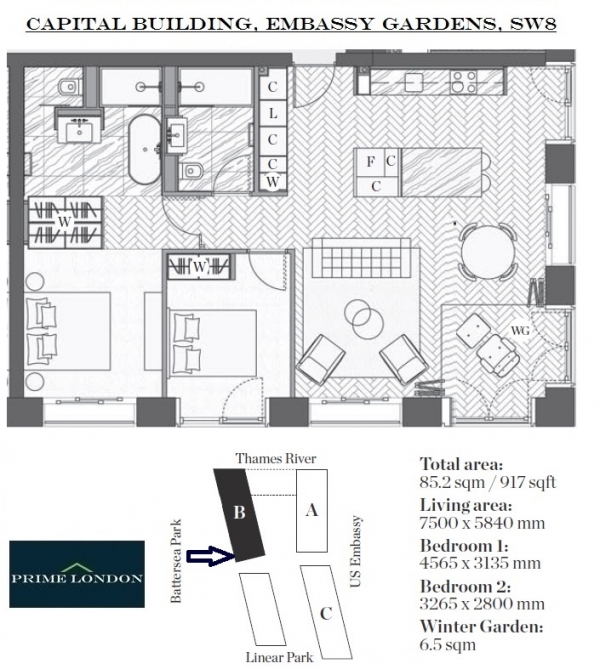 Floor Plan Image for 2 Bedroom Apartment for Sale in Capital Building, Embassy Gardens, Nine Elms