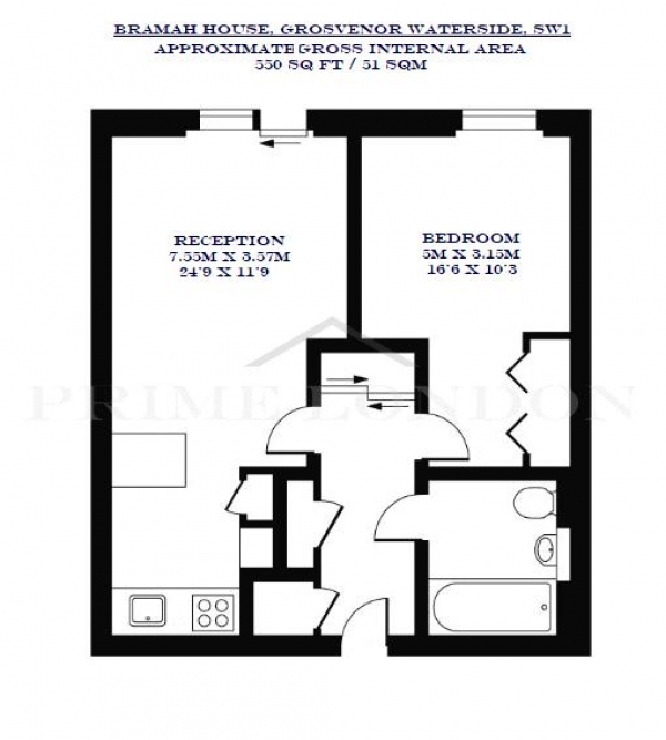 Floor Plan Image for 1 Bedroom Apartment to Rent in Bramah House, Grosvenor Waterside, London