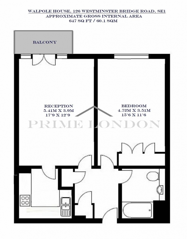 Floor Plan Image for 1 Bedroom Apartment to Rent in Walpole House, 126 Westminster Bridge Road, Waterloo