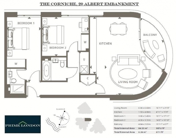 Floor Plan Image for 2 Bedroom Apartment to Rent in The Corniche, 20 Albert Embankment, London