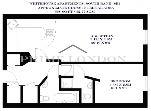 Floor Plan Image for 1 Bedroom Apartment to Rent in Whitehouse Apartments, 9 Belvedere Road, South Bank