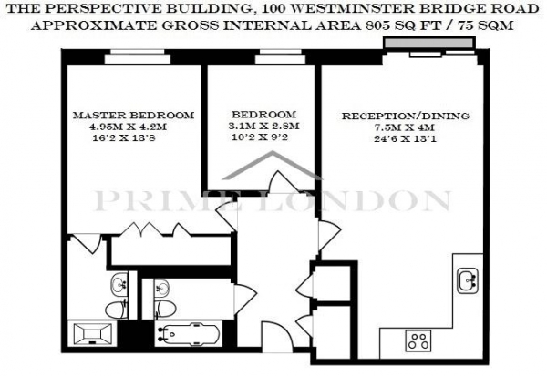 Floor Plan Image for 2 Bedroom Apartment to Rent in The Perspective Building, 100 Westminster Bridge Road, Waterloo