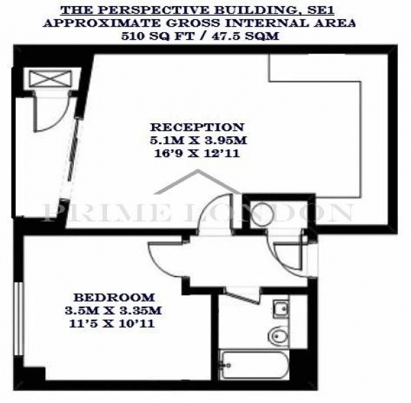 Floor Plan Image for 1 Bedroom Apartment to Rent in The Perspective Building, 100 Westminster Bridge Road, Waterloo