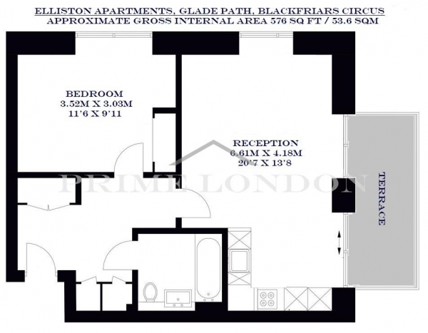 Floor Plan Image for 1 Bedroom Apartment to Rent in Elliston Apartments, 9 Glade Path, Blackfriars Circus