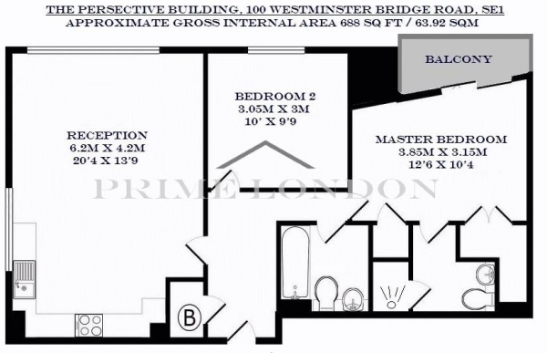 Floor Plan Image for 2 Bedroom Apartment to Rent in The Perspective Building, 100 Westminster Bridge Road, Waterloo