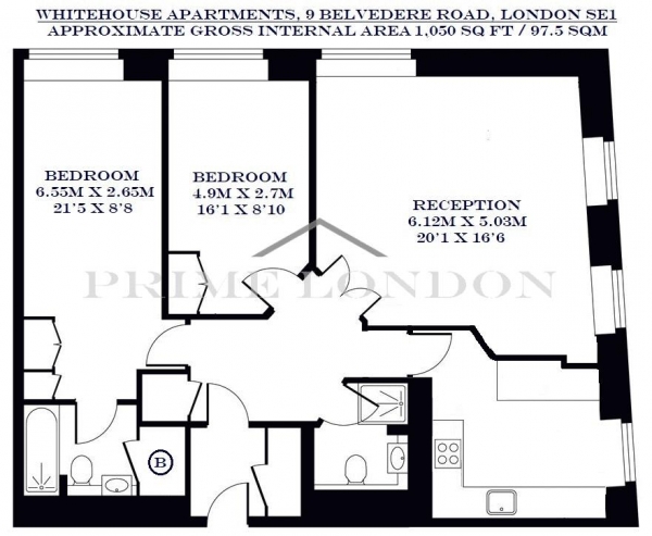 Floor Plan Image for 2 Bedroom Apartment to Rent in Whitehouse Apartments, Belvedere Road, South Bank