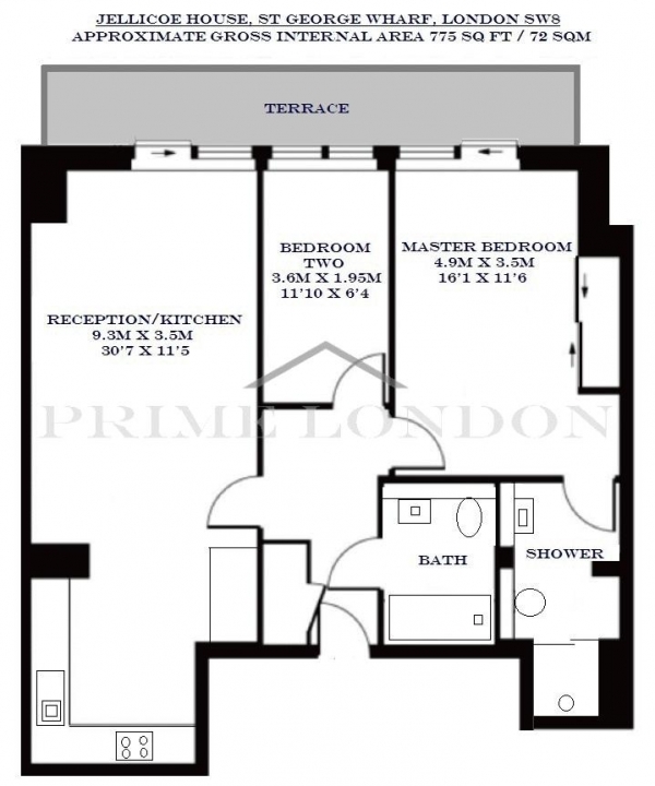 Floor Plan Image for 2 Bedroom Apartment to Rent in Jellicoe House, St George Wharf, Vauxhall