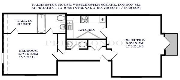 Floor Plan Image for 1 Bedroom Apartment to Rent in Palmerston House, 126 Westminster Bridge Road, Waterloo