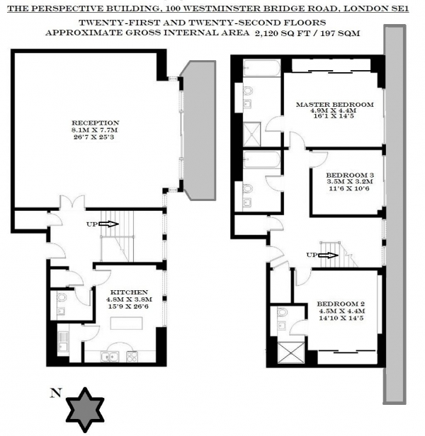 Floor Plan Image for 3 Bedroom Apartment to Rent in The Perspective Building, 100 Westminster Bridge Road, South Bank